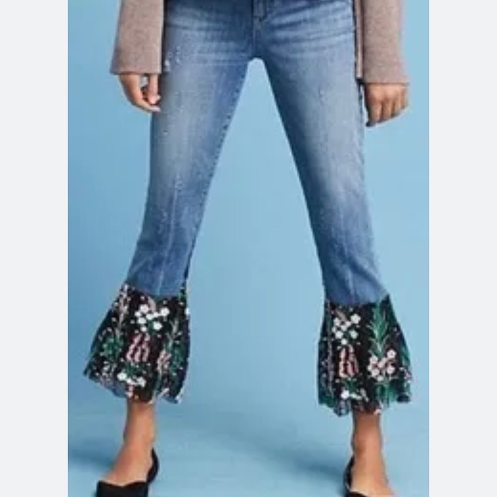 Anthropologie Pilcro And The Letterpress Flare Flounce floral bell bottom capris